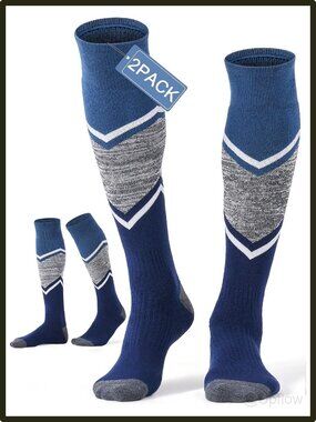 Unisex Merino Wool Knee High Ski Socks Warm Thermal Snowboarding Cushioned Blue